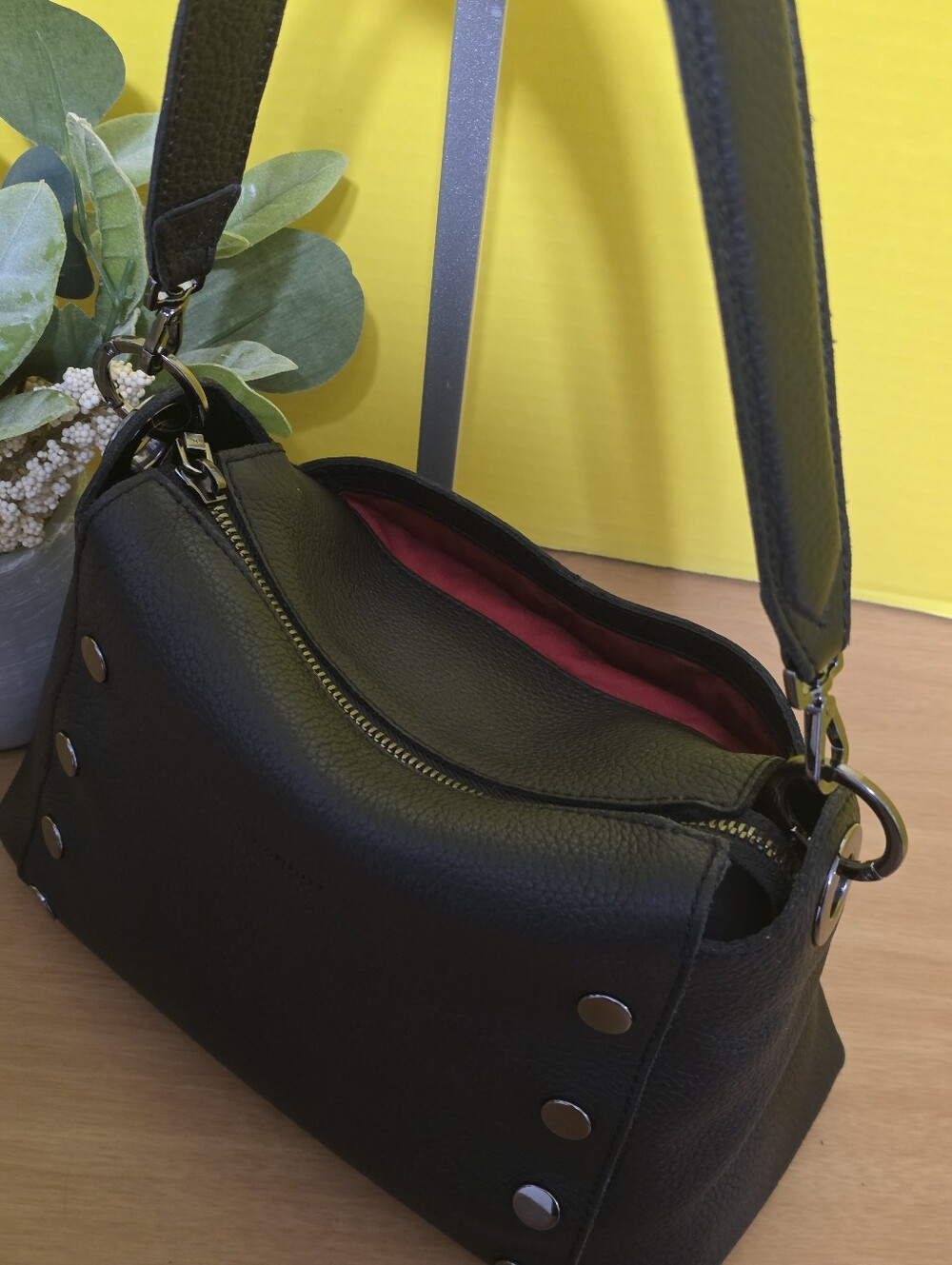 Black Pebbled Leather Shoulder Bag with Silver Studs - Picture 4 of 8